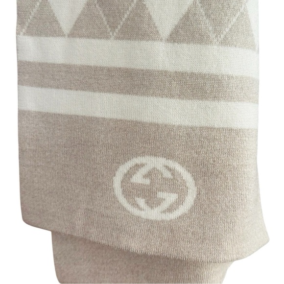 GUCCI Oatmeal & Cream Argyle & Stripe Reversible Monogram Wool Silk Scarf 10x70” - Picture 3 of 8
